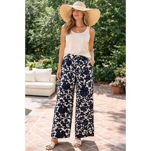 LOFT Marisa 10 Navy Cream Floral Linen Blend Pants Wide Leg Boho Resort Vacation